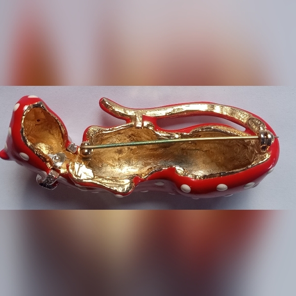 Kenneth Lane Enamel Crystal 1980's Red/White Polka Dot Leopard Signed VTG Brooch - Picture 14 of 16